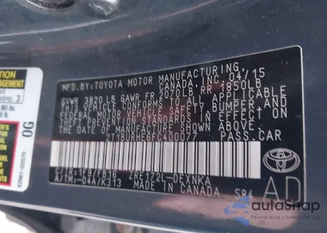 2015 Toyota Corolla Le из США, поврежденный, VIN 2T1BURHE6FC400077